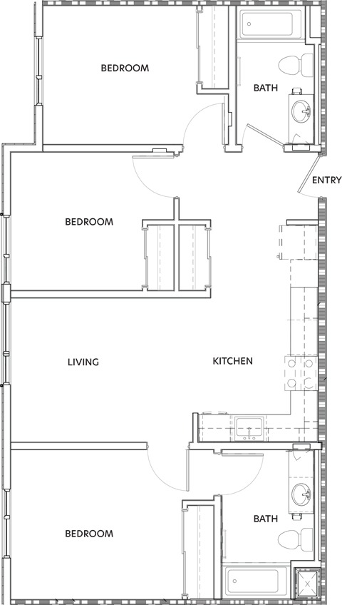 Floor plan for 3 beds, 2 baths, 941 sqft